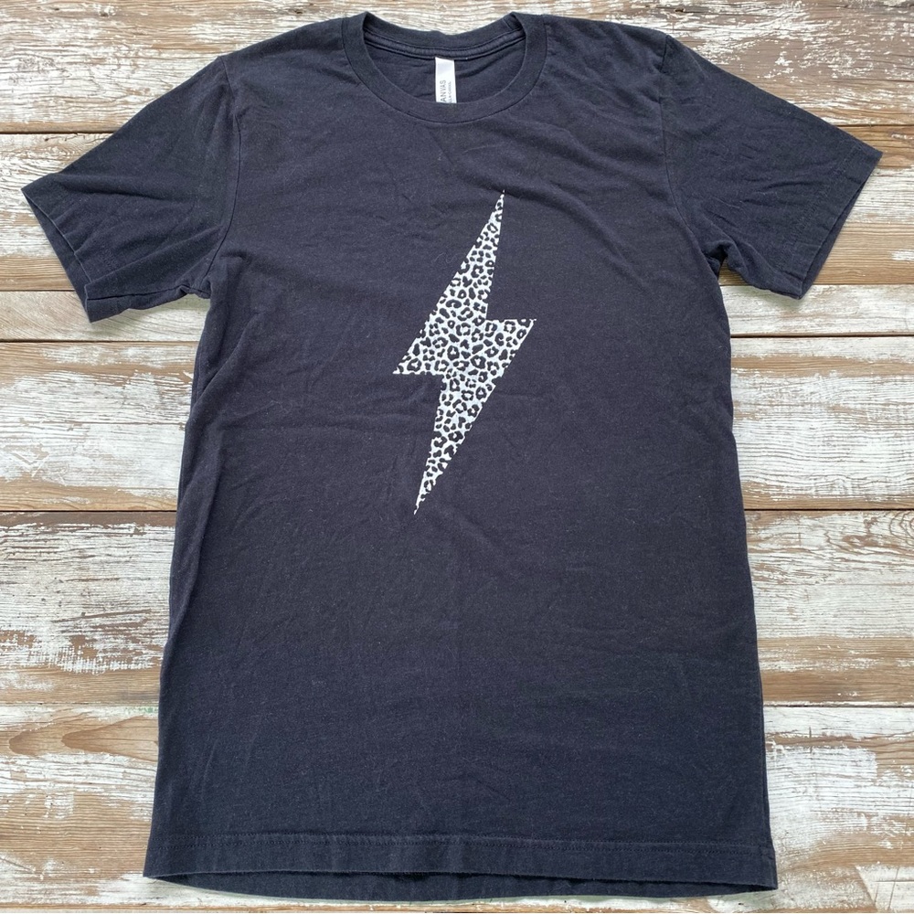 Black lightning bolt t-shirt with leopard print, black and white, Small